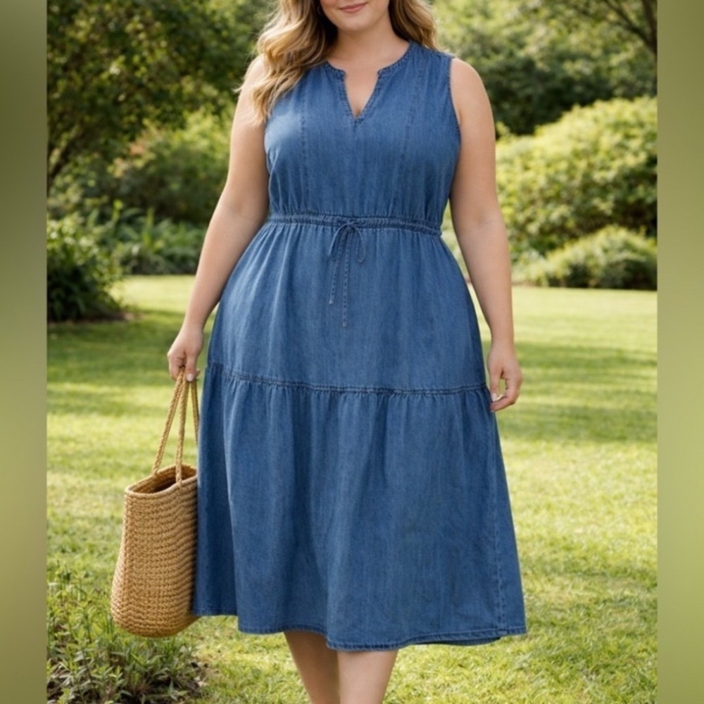 Lands' End Sleeveless Denim Tiered Midi Dress in Blue